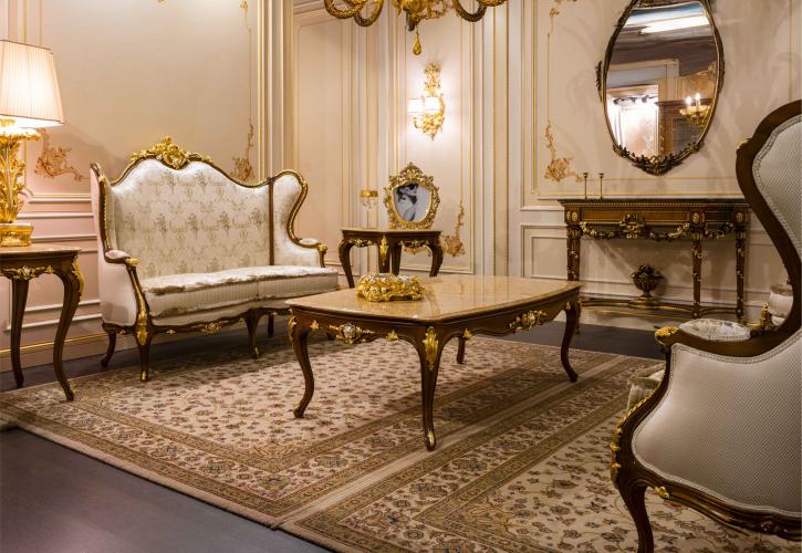 Royal Two-Seater Sofa – Walnut Finish with Gold & Silver Detailing