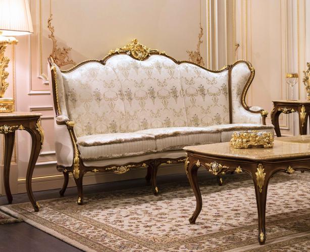 Royal Three-Seater Sofa – Walnut Finish with Gold & Silver Detailing