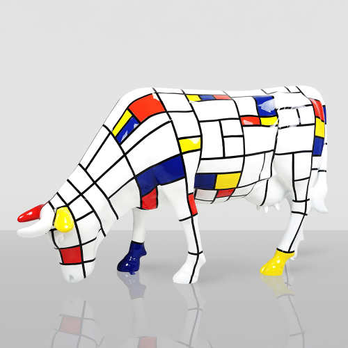 Large Hand-Painted Cow Sculpture – Mondrian Motif