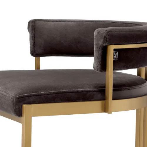 Tabouret de Bar Moderne en Velours Gris – Dante Design avec Finition Laiton par Luxury Group International