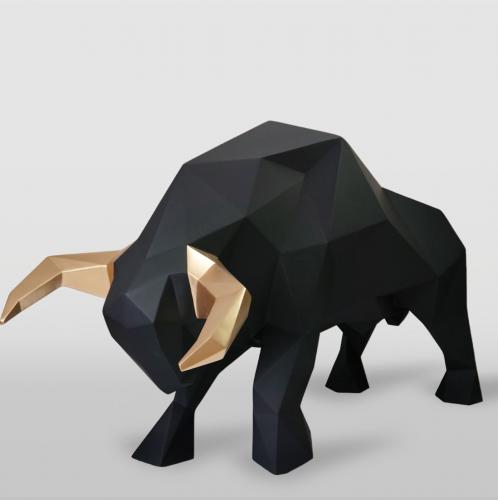 Large Geometric Bull Sculpture – Black with Golden Horns by Luxury Group International