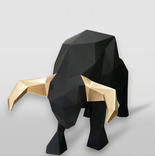 Large Geometric Bull Sculpture – Black with Golden Horns by Luxury Group International