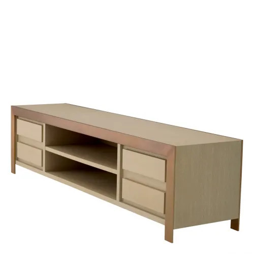 Majestic TV Cabinet – Washed Oak Veneer with Brushed Brass Accents by Luxury Group International