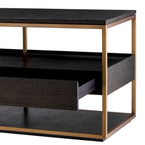 Royal TV Cabinet – Mocha Straight Oak Veneer with Brushed Brass Accents by Luxury Group International