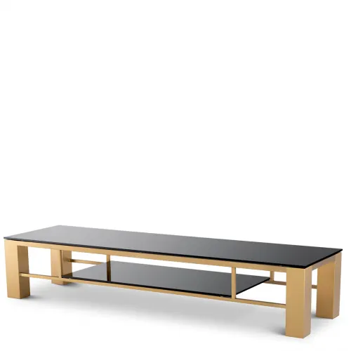 Regal TV Cabinet  Brushed Brass Frame with Black Glass Shelving