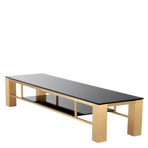 Regal TV Cabinet Brushed Brass Frame with Black Glass Shelving by Luxury Group International