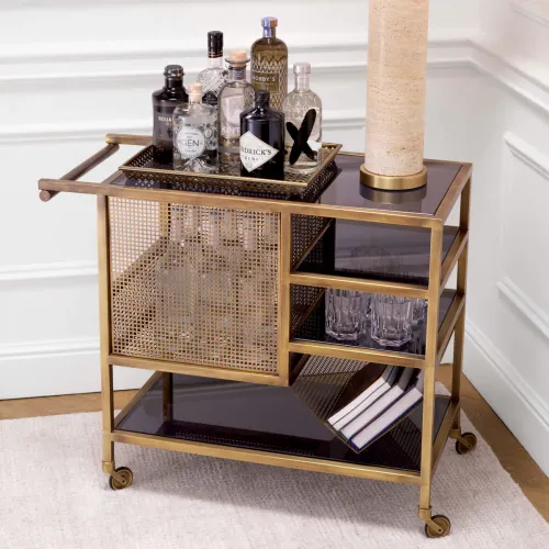 Luxury Vintage Brass Finish Smoke Glass Trolley by Luxury Group International