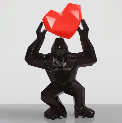 Luxury Matte Black Gorilla Sculpture Red Heart XL Edition (146 cm) by Luxury Group International