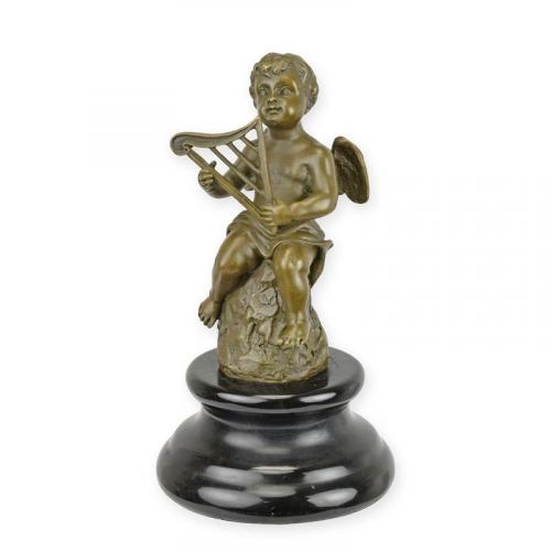 Luxury Bronze Putto Playing Harp Sculpture - 18 cm by Luxury Group International