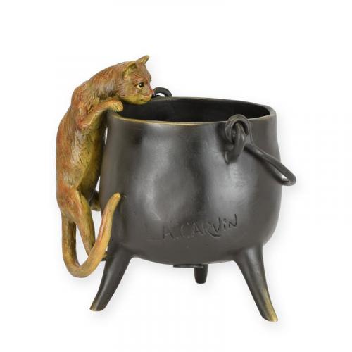 Luxury Bronze Cat Climbing on Cauldron Sculpture by Luxury Group International