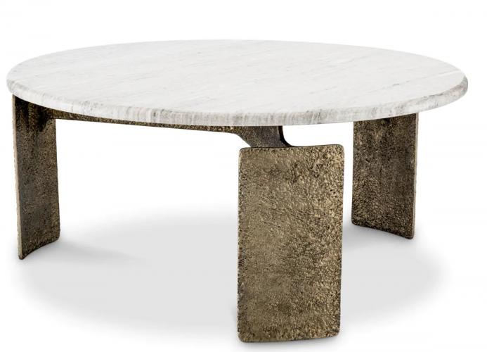 Luxury Antique Brass Finish Coffee Table With Round Beige Marble Top