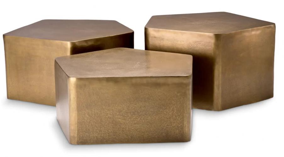 Luxury Vintage Brass Finish Pentagon Coffee Table Set of 3 by Luxury Group International