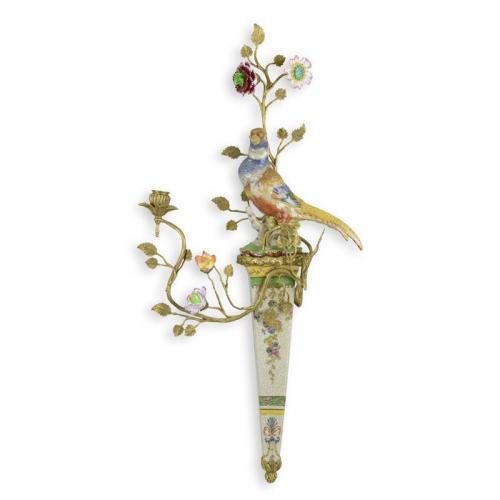 Luxury Bronze Mounted Porcelain Floral Bird Wall Candle Holder