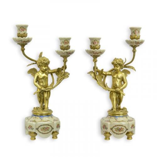 Luxury Bronze Mounted Porcelain Pair Two-Branch Candelabra