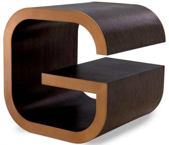 Luxury Mocha Oak & Brass G-Shape Side Table