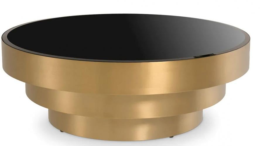 Luxury Black Glass & Brass Finish Round Coffee Table