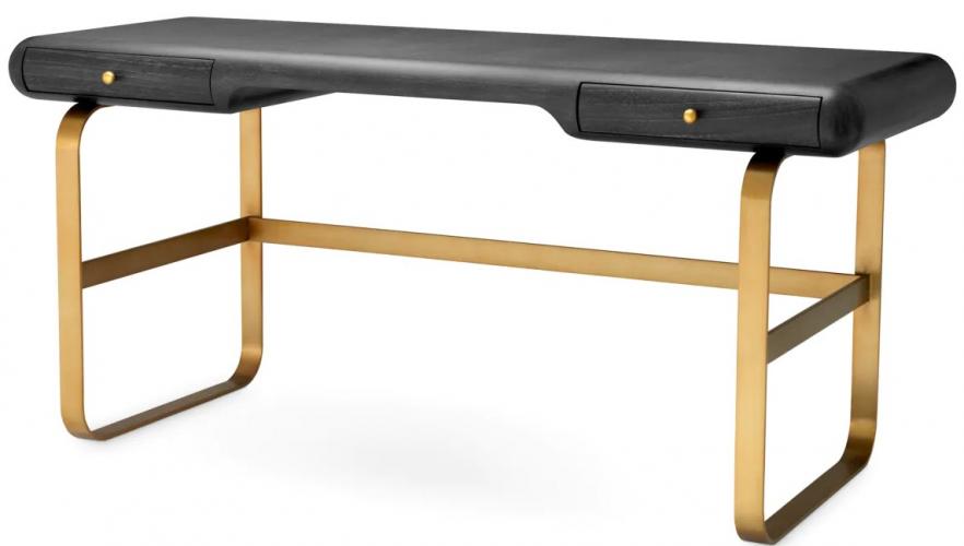 Luxuriöser schwarzer Eichen-Schreibtisch mit rechteckiger Form und Beinen mit Messing-Finish