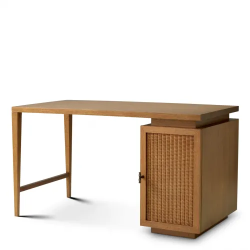 Luxury Caramel Oak Veneer & Rattan Writing Desk