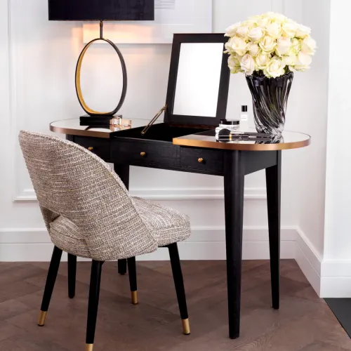 Luxus Schreibtisch aus grauer Eichenfurnier und Messing-Finish mit klappbarem Spiegelglas von Luxury Group International