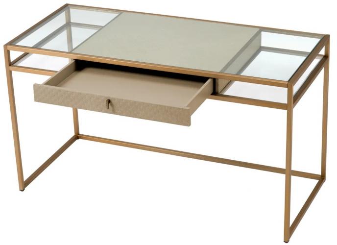 Luxus Schrank Eichenfurnier & Messing-Finish Schreibtisch mit klarem Glasplatte von Luxury Group International