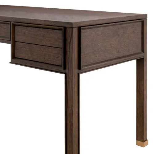 Luxus Schreibtisch aus braunem Eichenfurnier mit Messing-Finish und 5 Schubladen von Luxury Group International