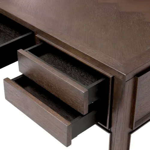 Luxus Schreibtisch aus braunem Eichenfurnier mit Messing-Finish und 5 Schubladen von Luxury Group International