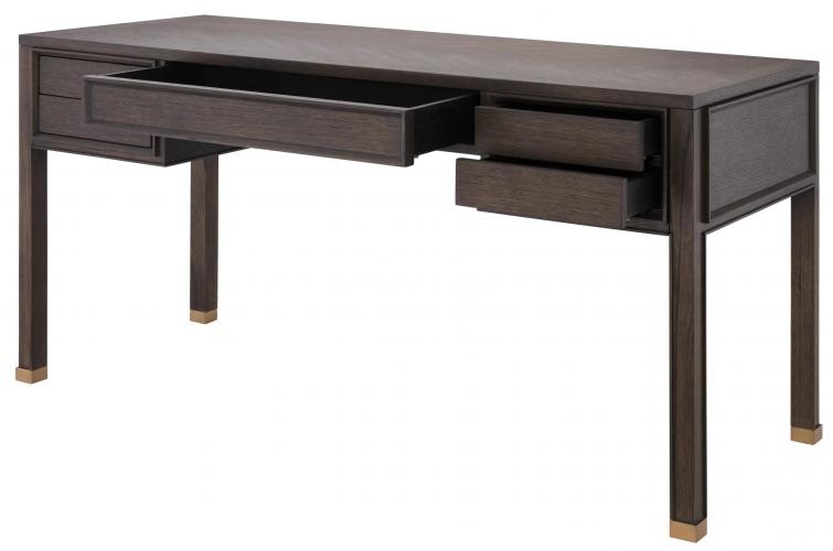 Luxus Schreibtisch aus braunem Eichenfurnier mit Messing-Finish und 5 Schubladen von Luxury Group International