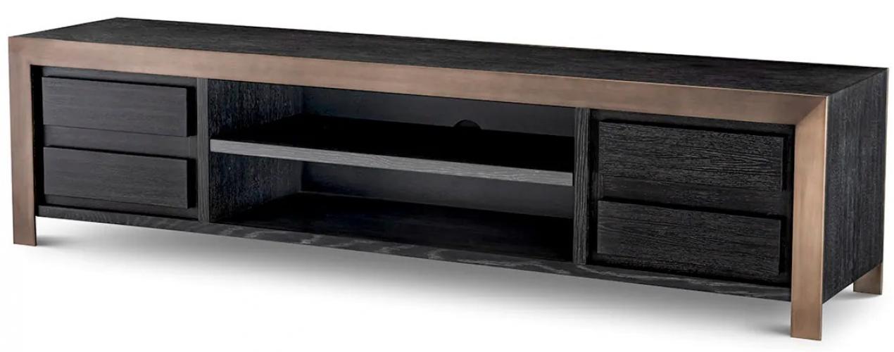 Luxuriöser TV-Schrank aus Eichenfurnier in Kohlegrau mit Bronze-Finish