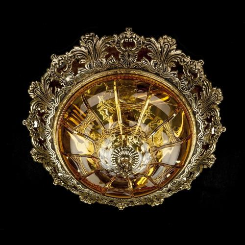 Luxuriöse Deckenleuchte aus antikem Messing mit Kristallglasschale aus dunklem Topas von Luxury Group International