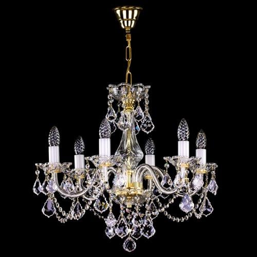 Luxury Six-Arm Crystal Chandelier with Curved Glass Arms and Layered Hanging Prisms