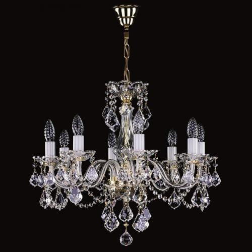 Luxury Eight-Light Crystal Chandelier with Sculpted Glass Arms and Cascading Prism Drops
