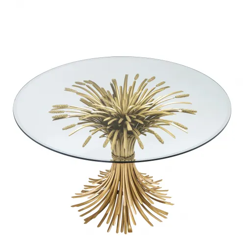 Luxury Painted Brass Round Bevelled Glass Dining Table with Sheaf-Shaped Base