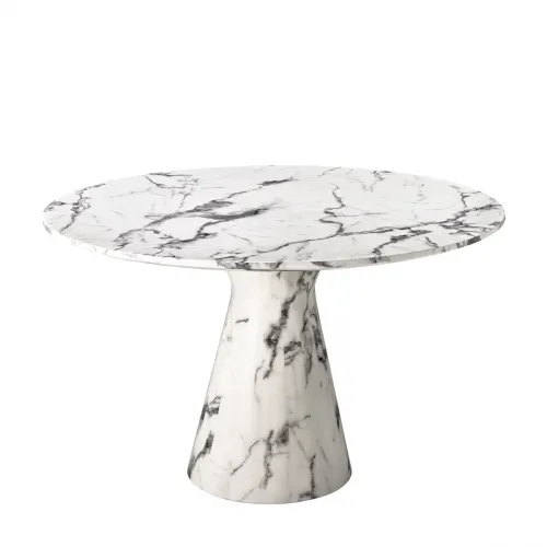 Luxury White Faux Marble Round Dining Table with Black Swirls and Veins