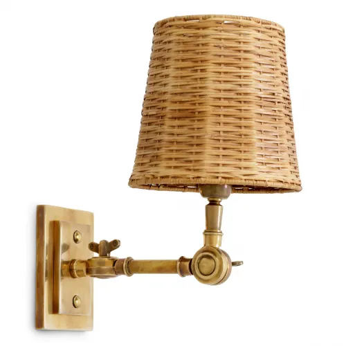 Luxury Vintage Brass Single Wall Lamp with Rattan Shade by Luxury Group International