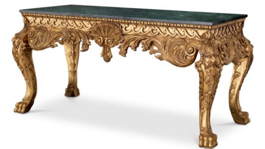 Luxuriöser Konsolentisch mit antikem Gold und grüner Marmorplatte von Luxury Group International
