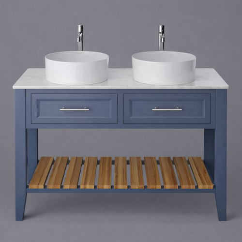 Luxuriöser Doppelwaschtisch in maritimem Blau mit zwei Schubladen und offenem Holzregal - 120 CM von Luxury Group