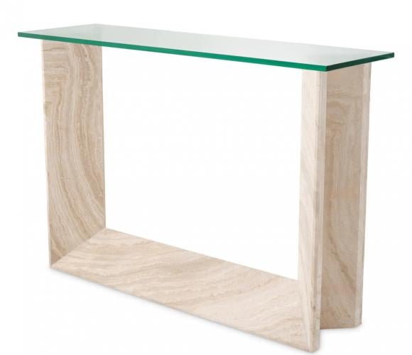 Luxuriöser Konsolentisch aus Travertin mit klarer, rechteckiger Glasplatte (weißer Sockel) von Luxury Group International