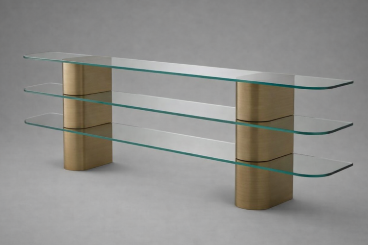 Luxuriöser Konsolentisch aus gebürstetem Messing mit 3 offenen Klarglasablagen von Luxury Group International