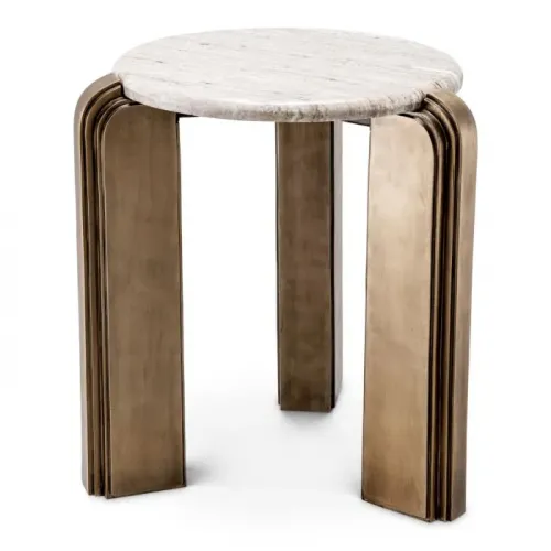 Luxury Antique Brass Round Bedside Table with Beige Marble Top by Luxury Group International