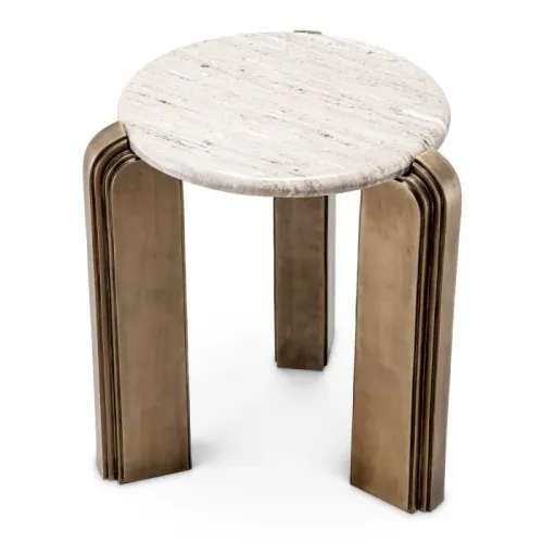 Luxury Antique Brass Round Bedside Table with Beige Marble Top by Luxury Group International