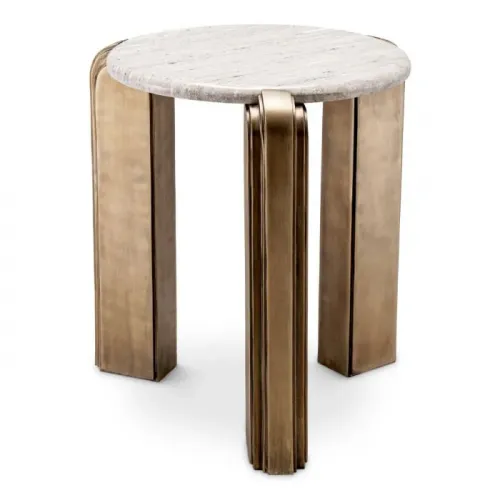 Luxury Antique Brass Round Bedside Table with Beige Marble Top by Luxury Group International