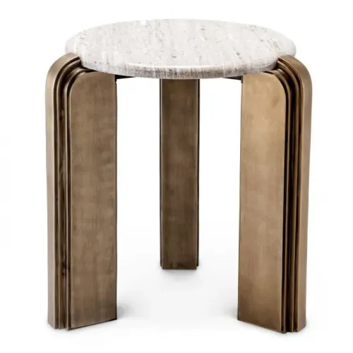Luxury Antique Brass Round Bedside Table with Beige Marble Top by Luxury Group International