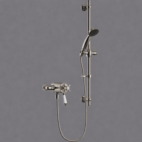 Luxuriöse, freiliegende Thermostat-Doppelbrause aus gebürstetem Nickel mit flexiblem Steigrohrsatz von Luxury Group