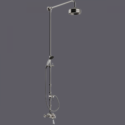 Luxuriöse Thermostat-Doppelbrause mit festem Steigrohr und Umstellung auf Handbrause in gebürsteter Nickelausführung von