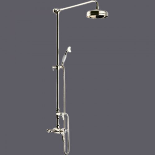 Luxuriöse Thermostat-Doppelbrause mit festem Steigrohr und Handbrause mit Umstellung auf Handbrause in vergoldeter