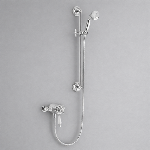 Luxuriöse, freiliegende Thermostat-Doppelbrause mit einstellbarem, flexiblem Steigrohrsatz in verchromter Ausführung von