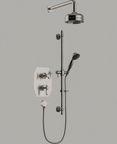 Luxuriöses Unterputz-Thermostat-Doppelduschventil mit festem Kopf und flexiblem Steigrohr in gebürsteter Nickelausführung