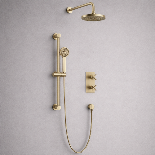 Luxuriöses verdecktes 2-Griff-Thermostat-Duschventil mit festem Kopf und Multifunktionshandbrause in gebürsteter