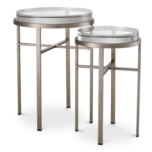 Luxury Brushed Steel Round Nesting Side Table with Glass Top by Luxury Group International