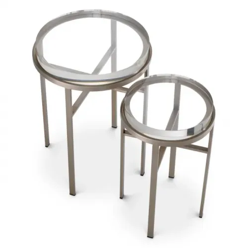 Luxury Brushed Steel Round Nesting Side Table with Glass Top by Luxury Group International
